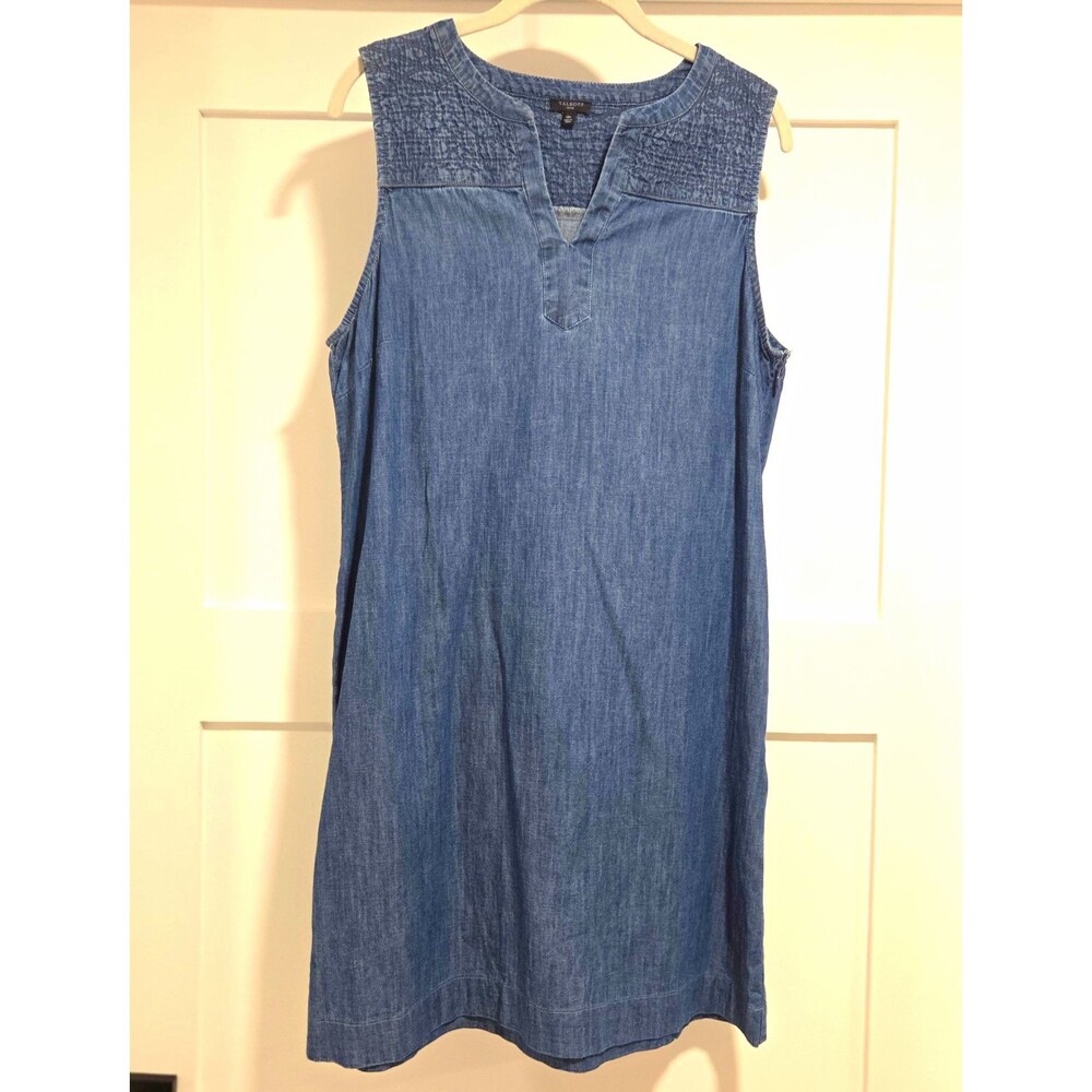 Talbots Petite Womens 12P Blue Chambray Denim Shift Dress Sleeveless Boho Casual